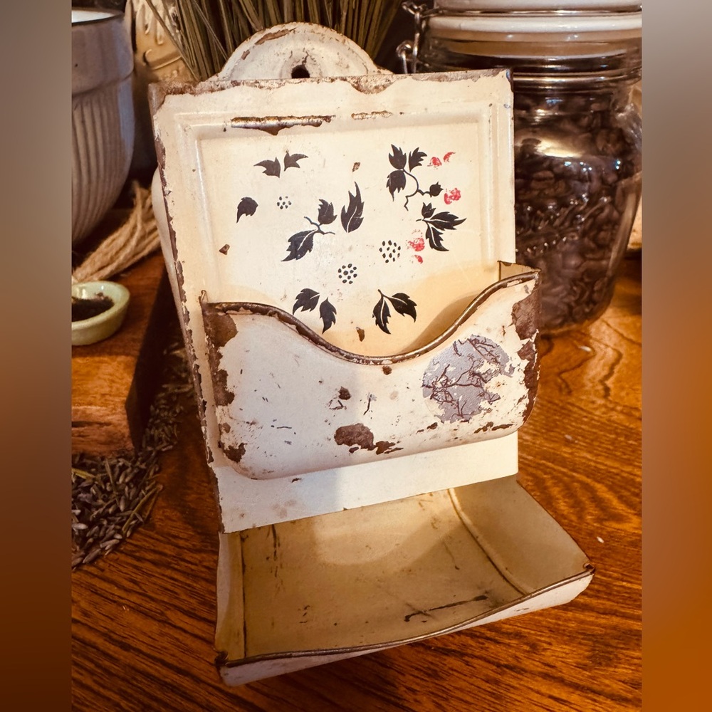Rustic Vintage Metal Cream Floral Wall Match Holder or other Organizer